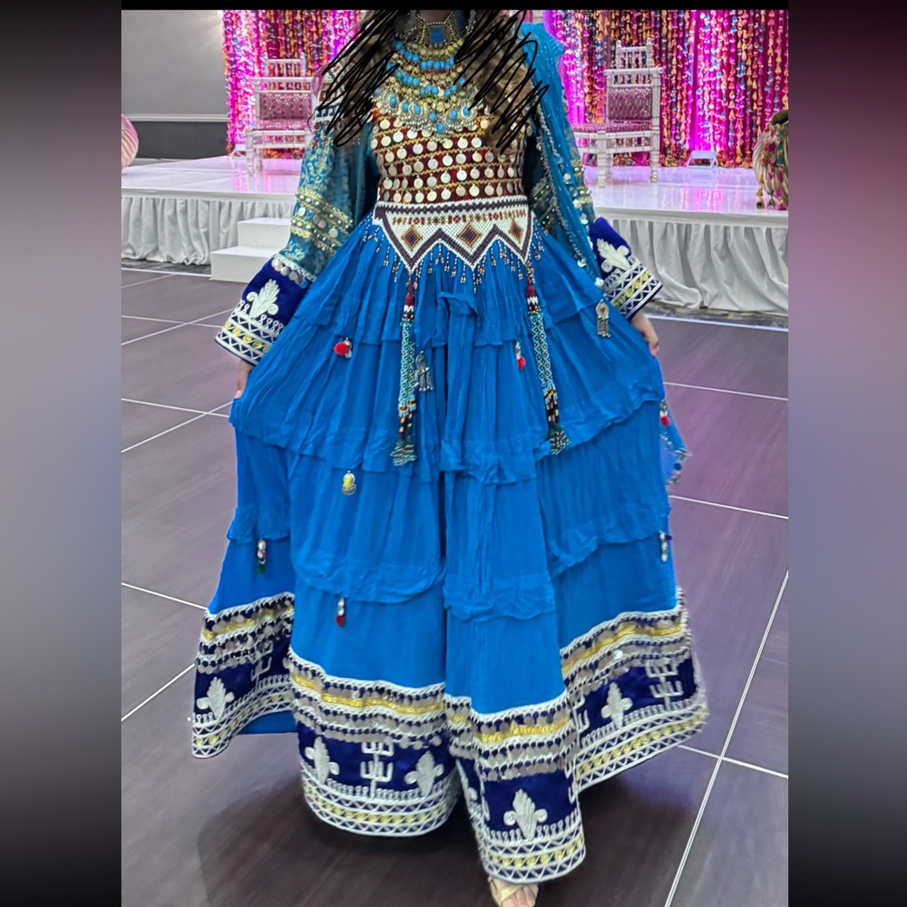 Afghan traditional dress blue khanoomi style